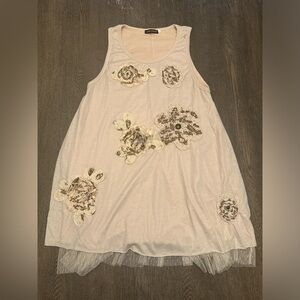 JOHN FASHION CREAM TUNIC DRESS WITH PEEKABOO TULLE RUFFLE - Size Medium SKU:126